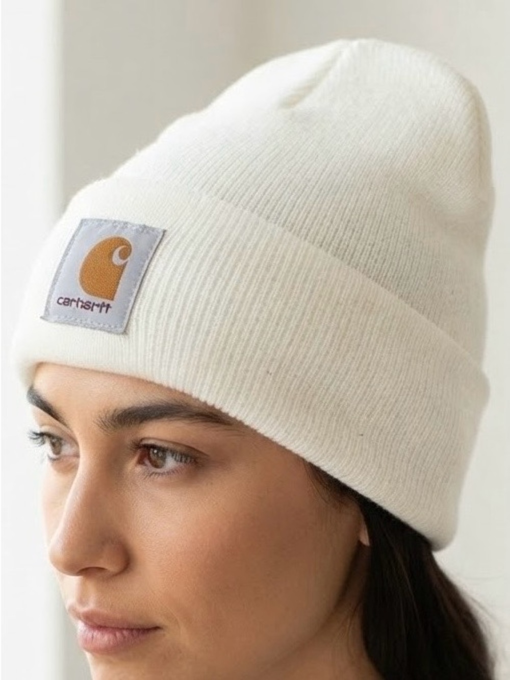 Carhartt Winter White Knit Cuffed Beanie Hat Embroidered Logo Winter Outdoor EUC